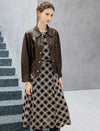 Geometric Print Crewneck Twist-Waist Long Sleeve A-Line Midi Dress