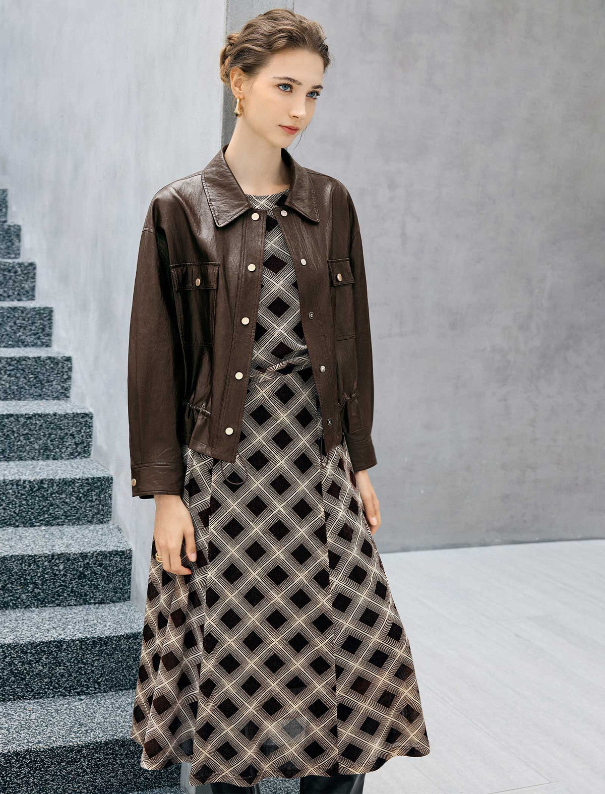 Geometric Print Crewneck Twist-Waist Long Sleeve A-Line Midi Dress