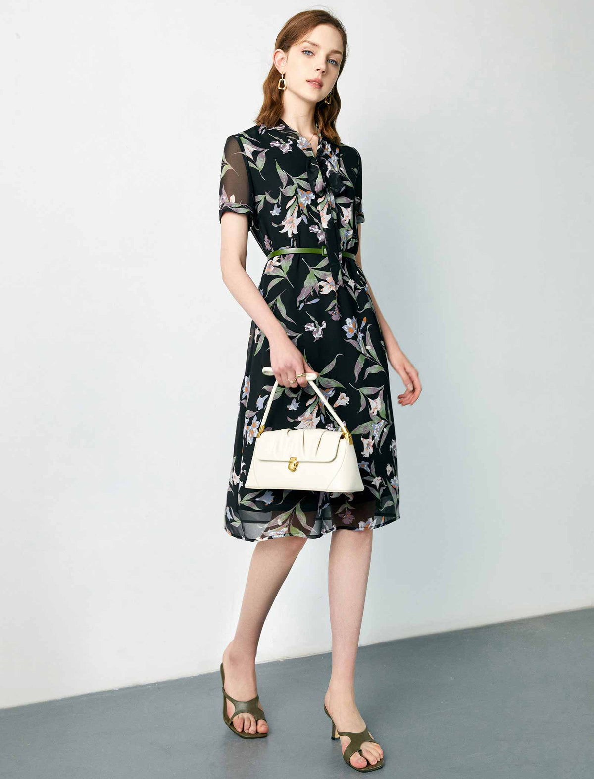 Chiffon Waist-Cinched Short Sleeve Dress