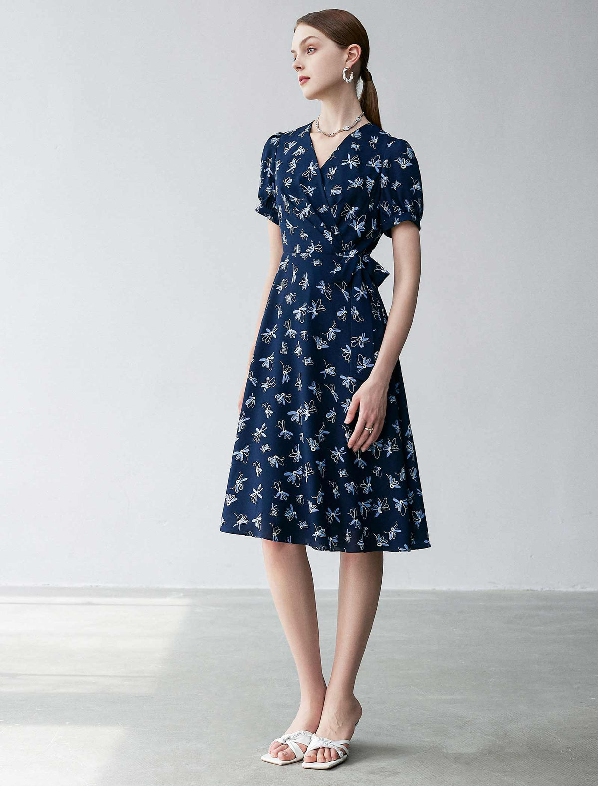 V-Neck Floral Waist-Cinched Dress