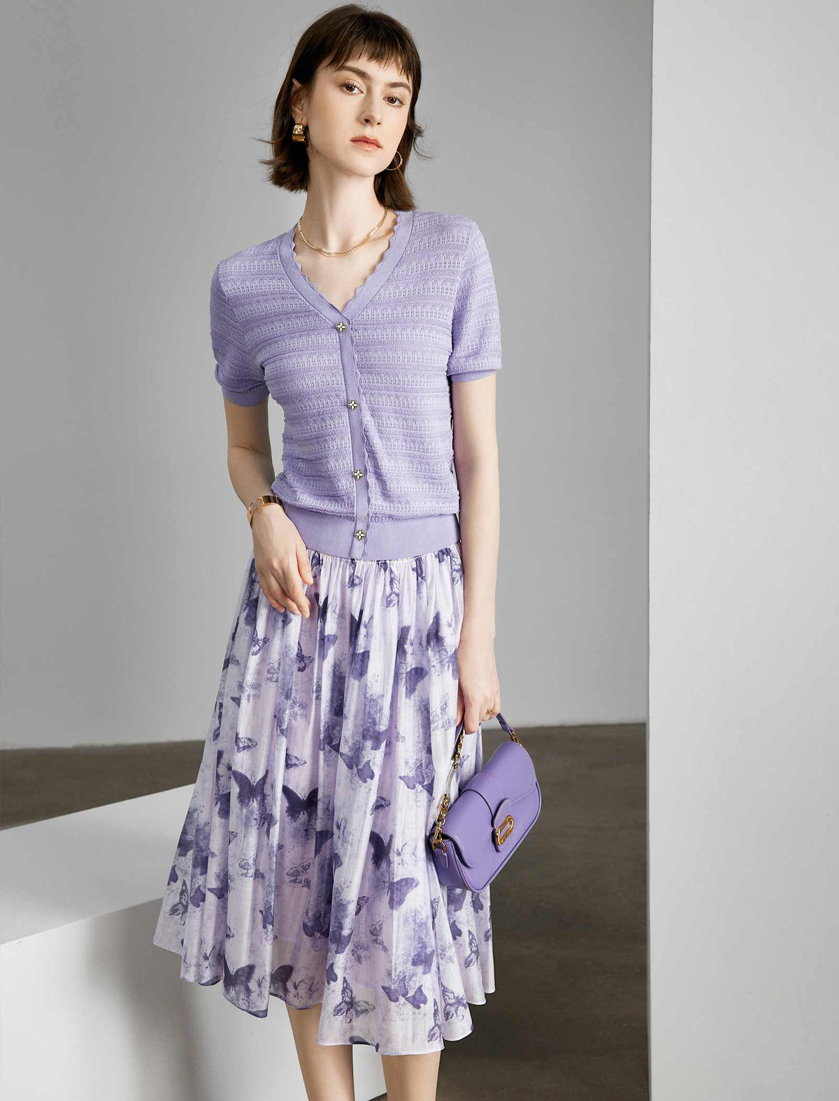 Purple Tencel Print A-Line Skirt