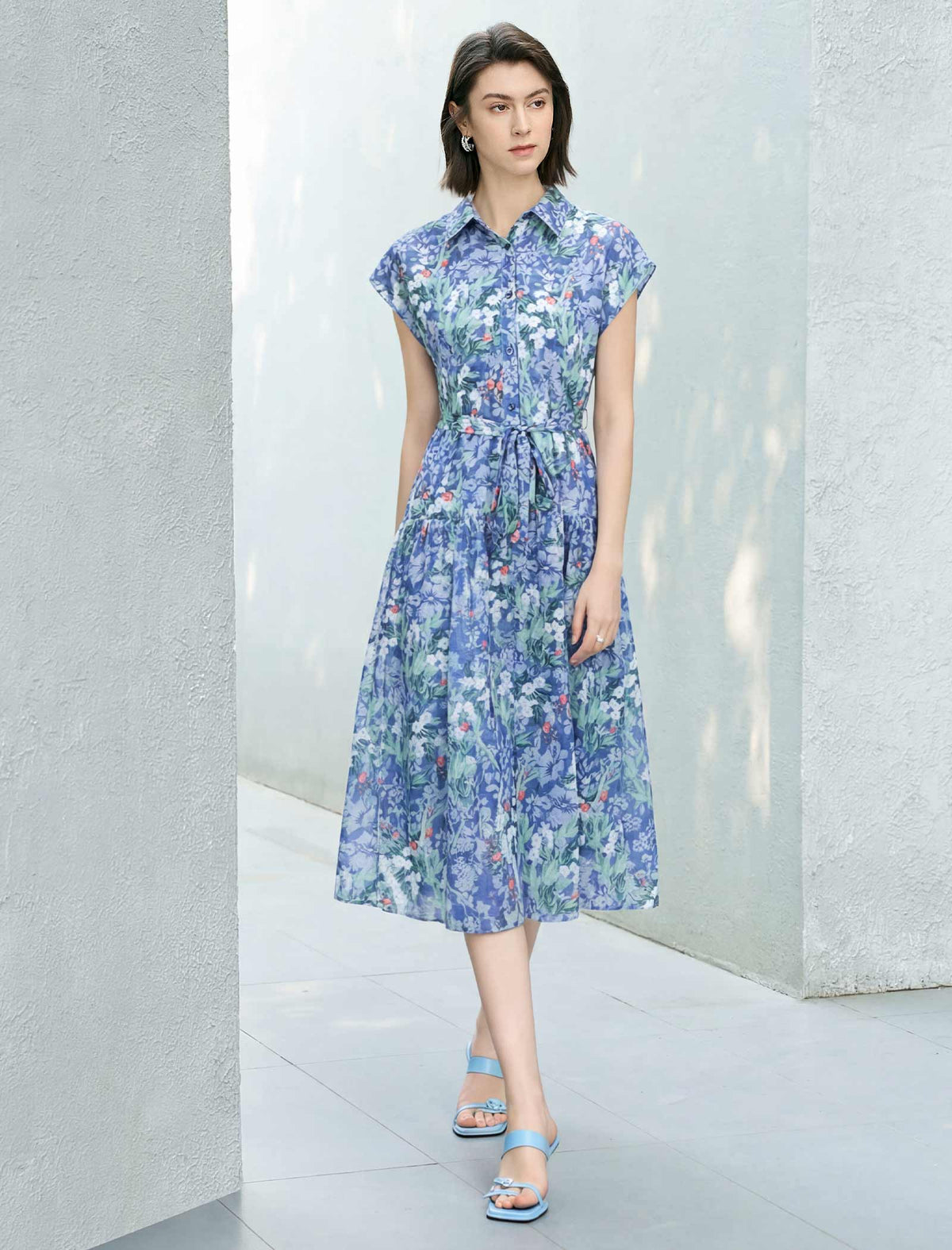 Blue Floral Print Belted Shirt Midi Dress