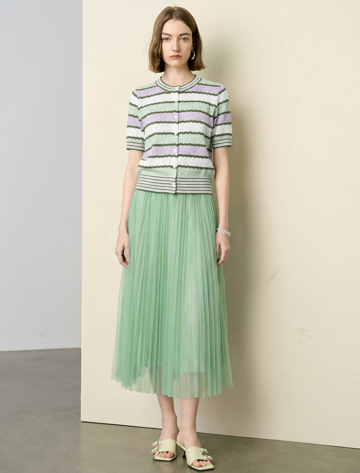Pastel Striped Short-Sleeve Knit Cardigan