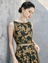 Sleeveless Floral Print Belted Midi A‑Line Dress