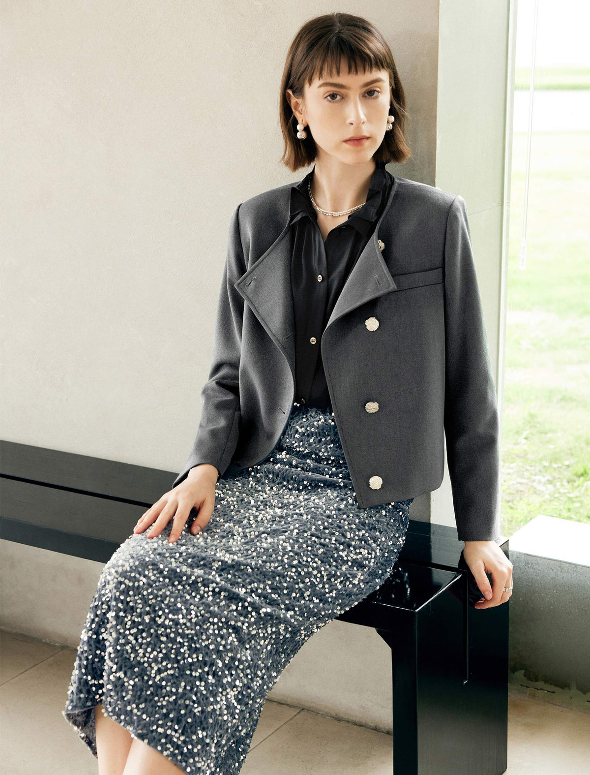 Ruffle Collar Long Sleeve Button Front Blouse