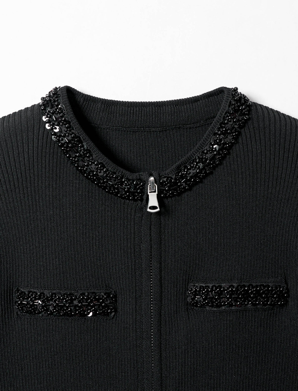 Embellished Zip Front Knit Top