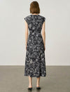 Black Abstract Line Print Sleeveless Tie Waist Midi Dress