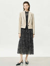 Black Speckled Print Ruffle Neck Long Sleeve Tiered Midi Dress