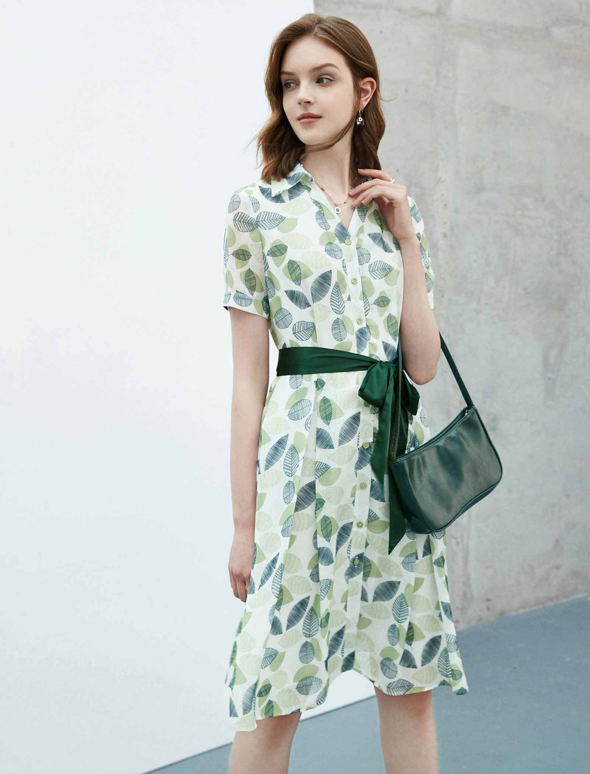 Green Leaf Print Shirt Dress with Satin Belt