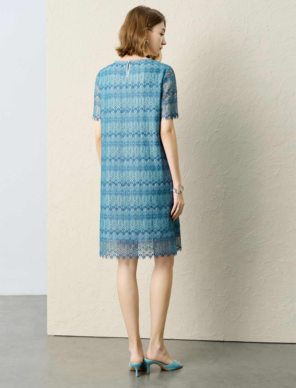 Teal Lace Short Sleeve Shift Dress
