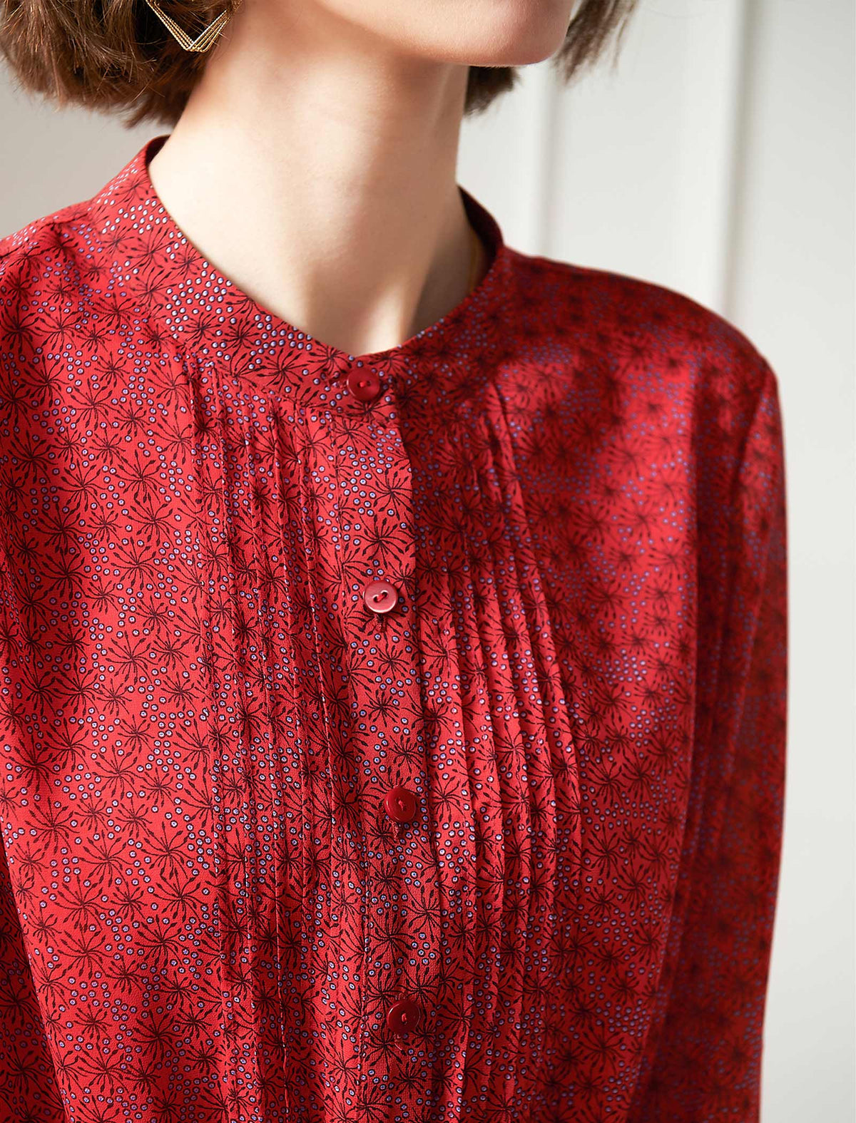 Red Ditsy Print Long Sleeve Midi Dress