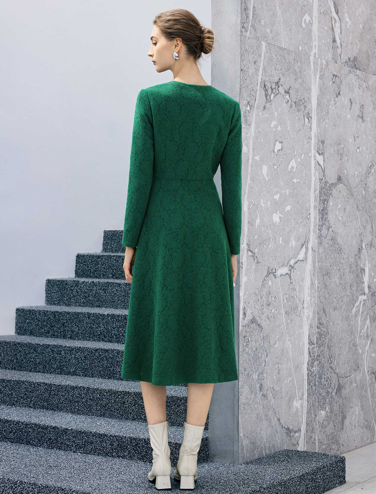 Jacquard V-Neck Chain-Trim Long Sleeve A-Line Midi Dress