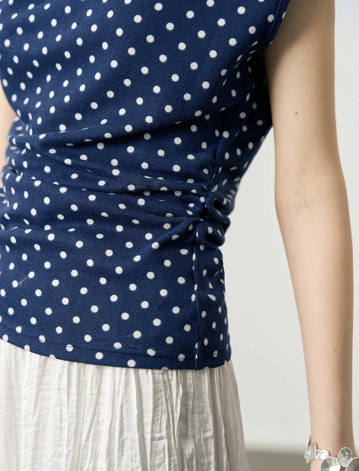 Navy Blue Polka Dot Cowl Neck Knit Top