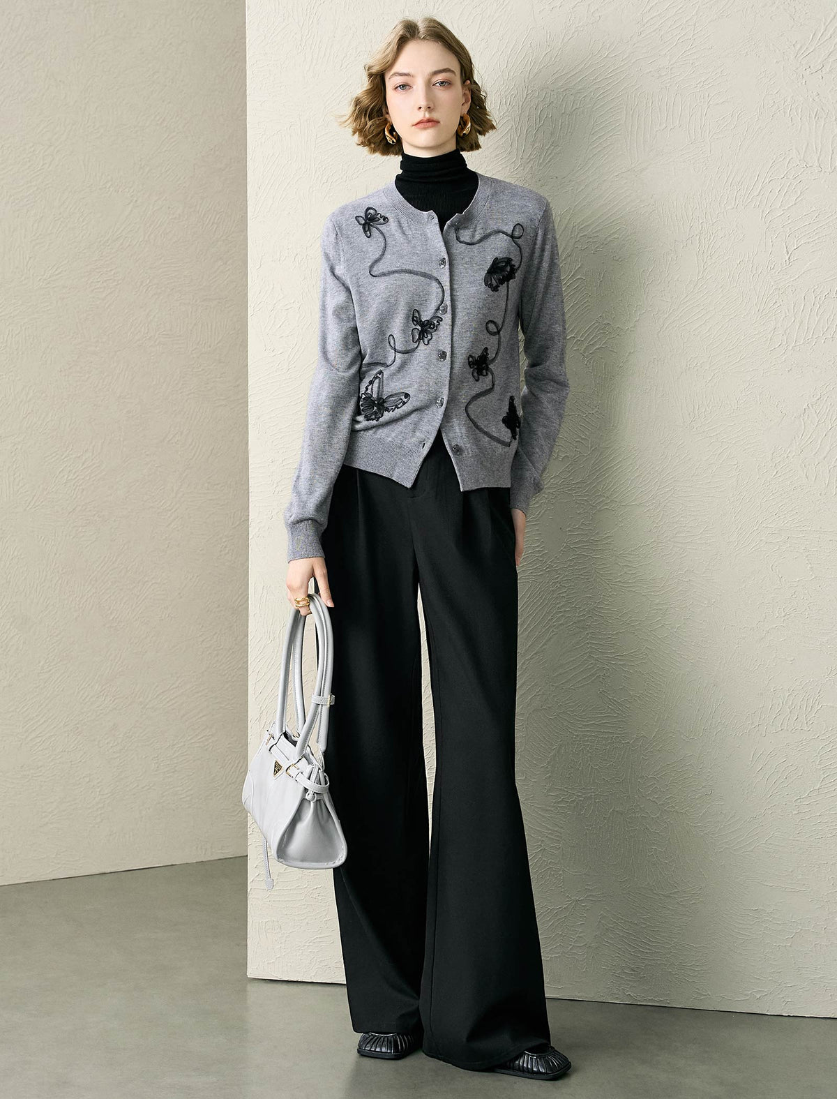 Gray Embroidered Loose Knit Cardigan