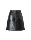 Belted High Waist Black PU Leather A-Line Mini Skirt