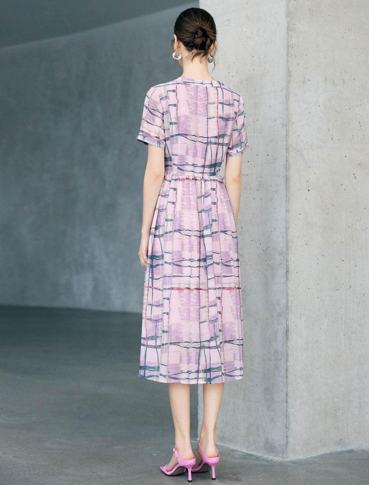 Pink Multi-Color Plaid Short Sleeve Midi Dress