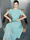 Mint Green Lace Detail Pleated Puff Sleeve Midi Dress