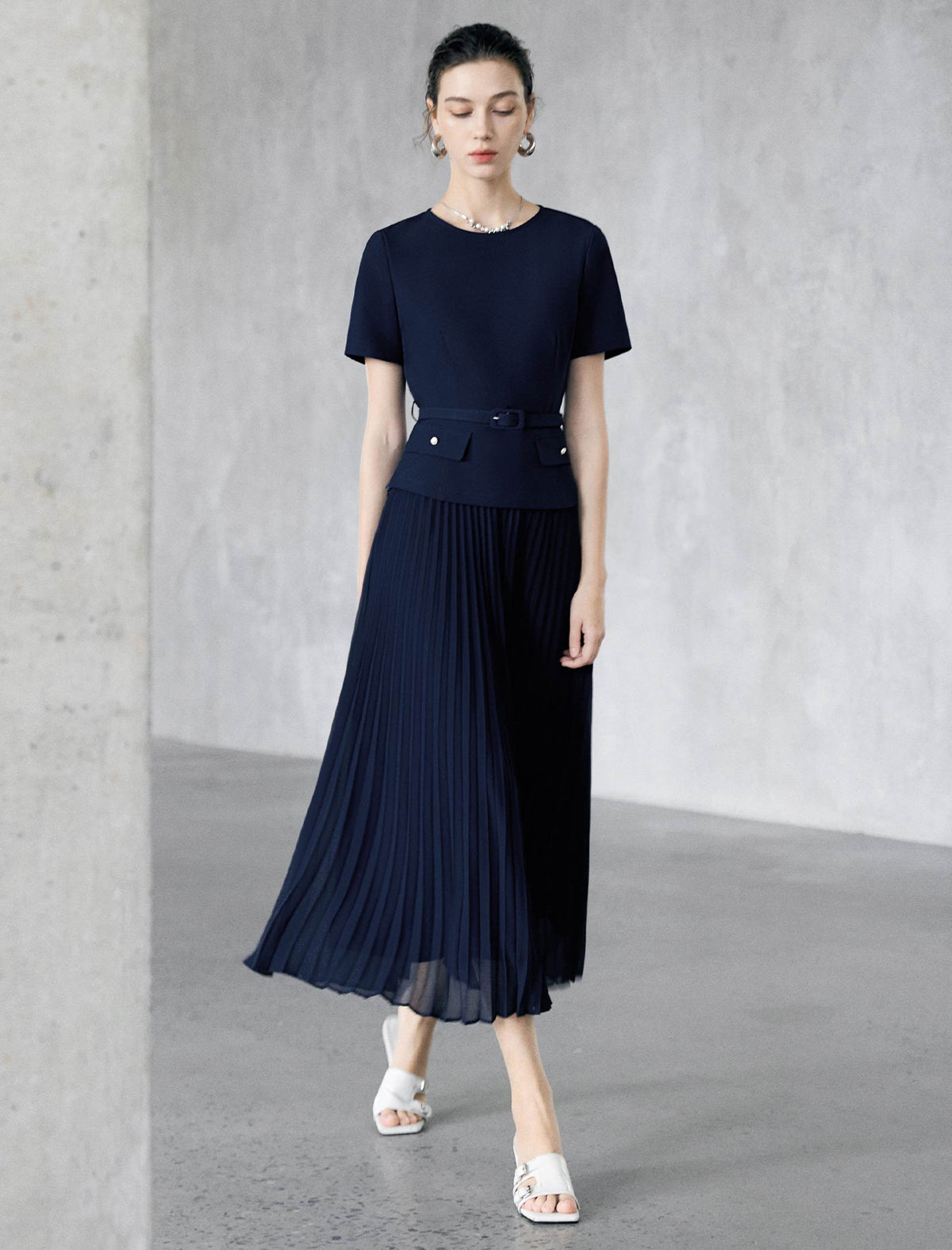 Navy Belted Tailored Short-Sleeve Top