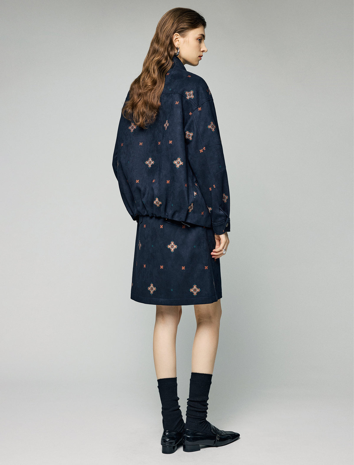 Embroidered Geometric Stand-Collar Zip-Front Jacket