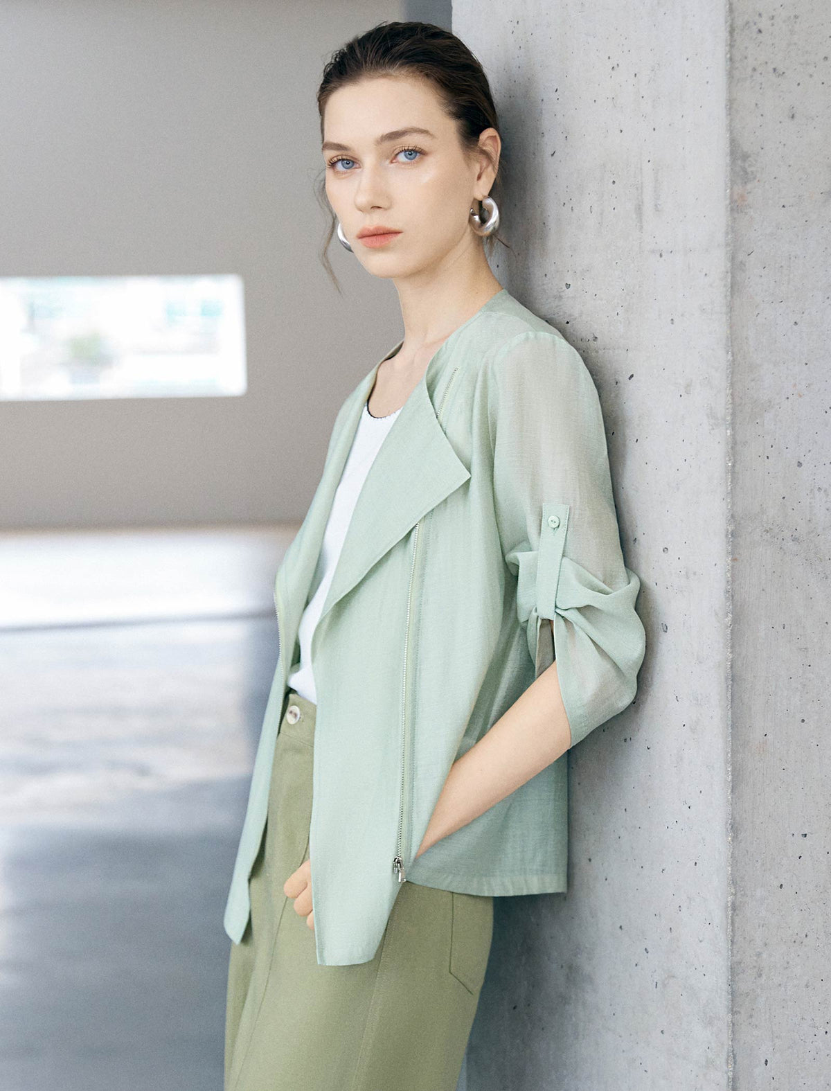 Light Sage Roll Tab Sleeve Open Front Moto Jacket