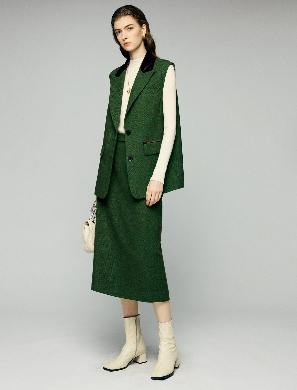 Wool Blend Contrast-Pocket High-Waist Slit Straight Midi Skirt