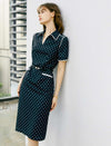 V-Neck Polka Dot Waist-Cinched Fitted Dress