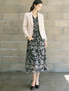 Black And Beige Floral Print Midi Dress