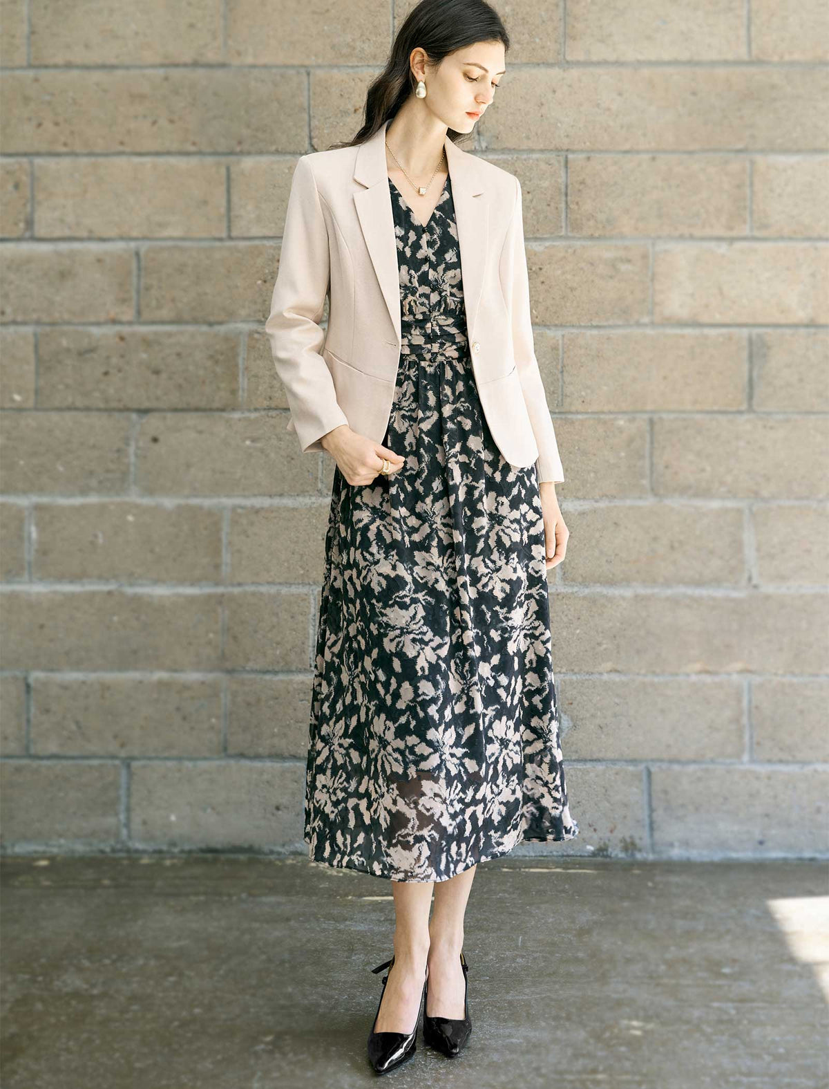Black And Beige Floral Print Midi Dress