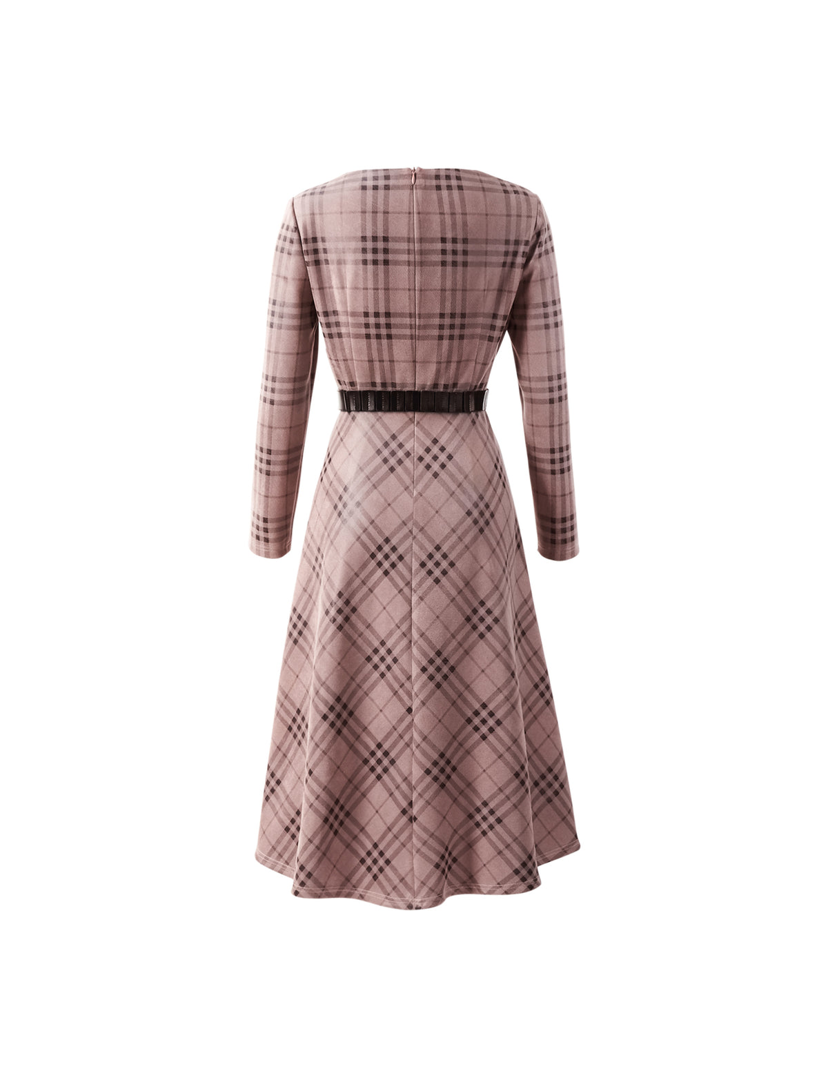 Plaid Crewneck Belted Midi Dress