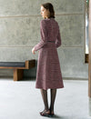 Jacquard Plaid V-Neck Long Sleeve Pearl-Button A-Line Dress