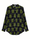 100% Mulberry Silk Green Grid Print Button-Down Shirt