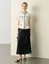 Elegant Black Trim Pearl Button Short Sleeve Jacket