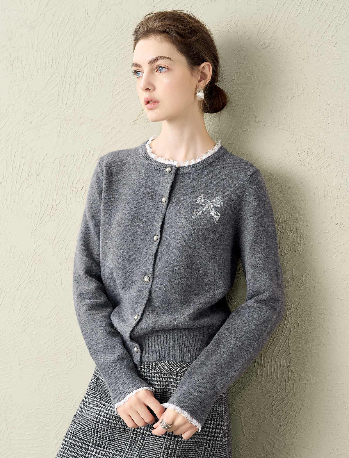 Lace-Trimmed Wool Cardigan