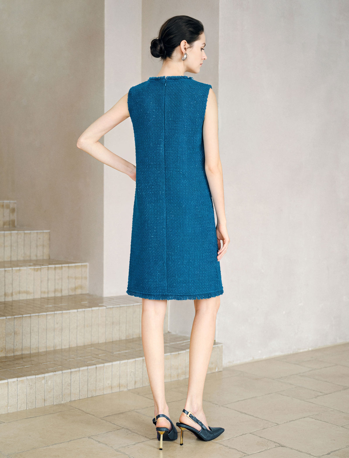Cobalt Blue Wool Blend Featuring Sequined Floral Dress