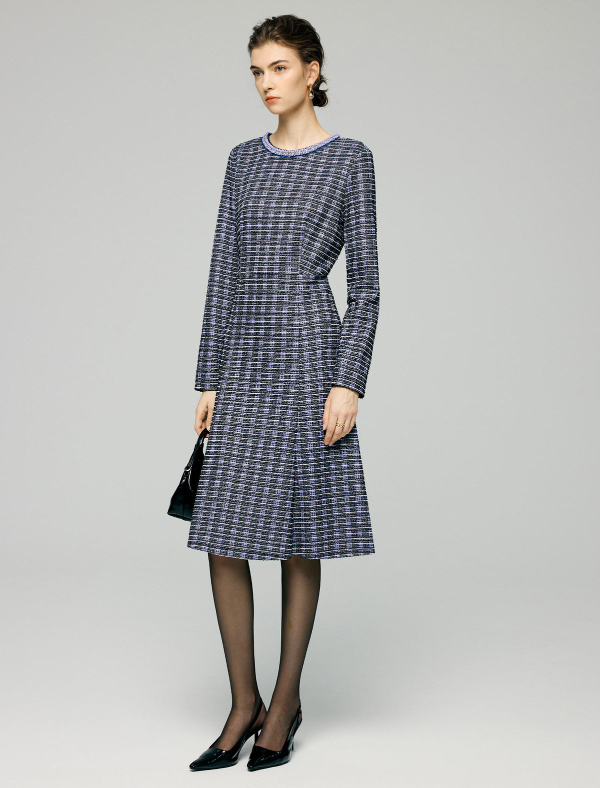 Beaded Crewneck Purple Check Fit Flare Dress