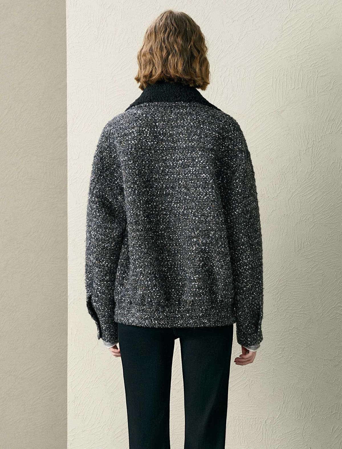 Tweed Wool-Blend Fleece Collar Jacket