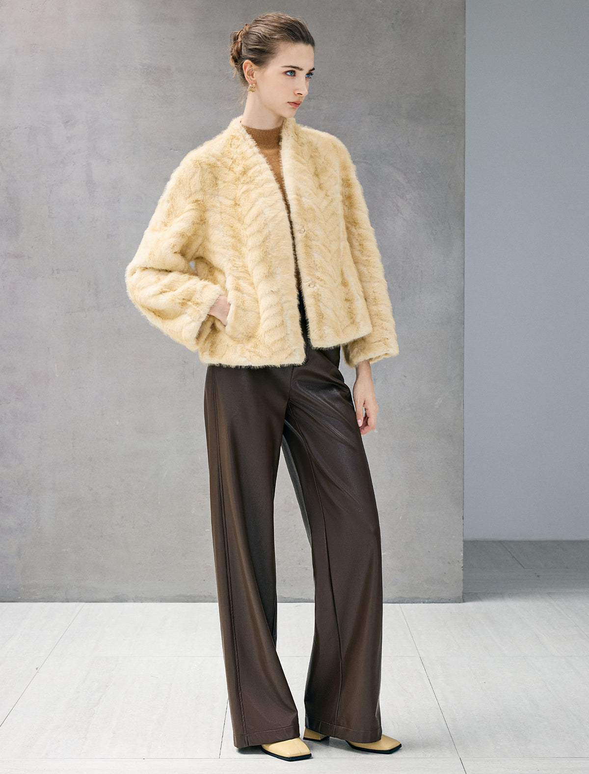 Embossed Cross-Front V-Neck Cropped Jacket