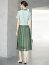 Two-Tone Green Lace Polo Collar Pleated Midi Dress