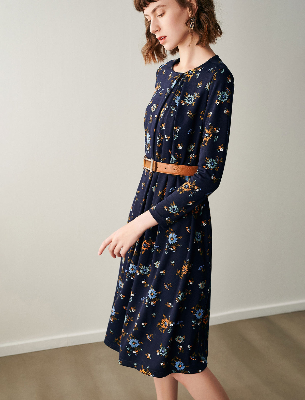 Floral Print Crewneck Belted Dress