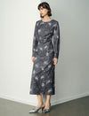 Side-Slit Waist-Cinching Printed Long Sleeve Dress