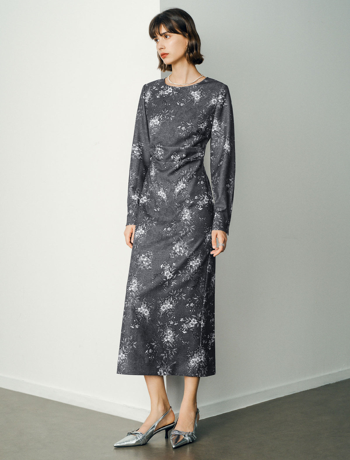 Side-Slit Waist-Cinching Printed Long Sleeve Dress
