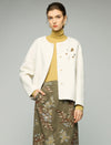 Wool Blend Beaded Floral Applique Crewneck Cropped Jacket