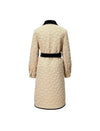 Velvet-Trim Collared Button-Front Belted Quilted Coat