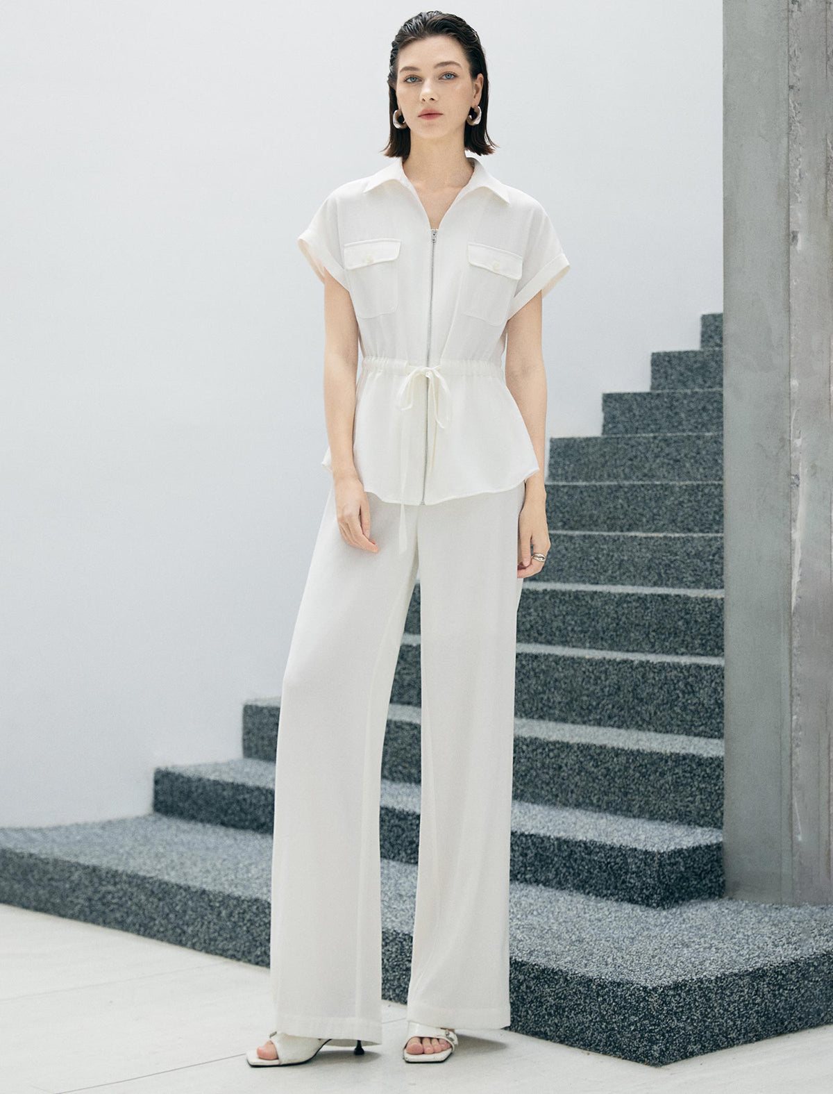 Zip Front Drawstring Waist Utility Shirt Top
