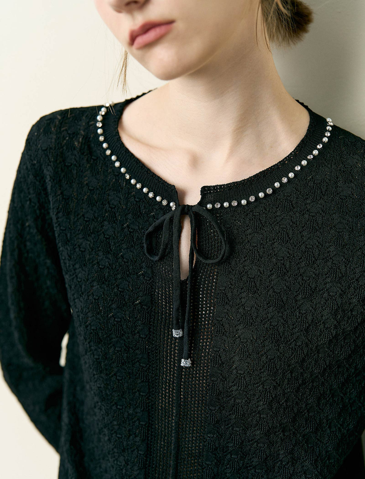 Tencel Eyelet Knit Tie-Neck Sweater