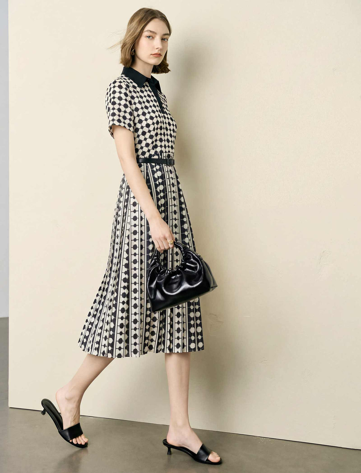 Polka Dot Print Collared Pleated Midi Shirt Dress