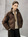 Wave-Quilted Stand-Collar Balloon-Sleeve Cropped Puffer Jacket