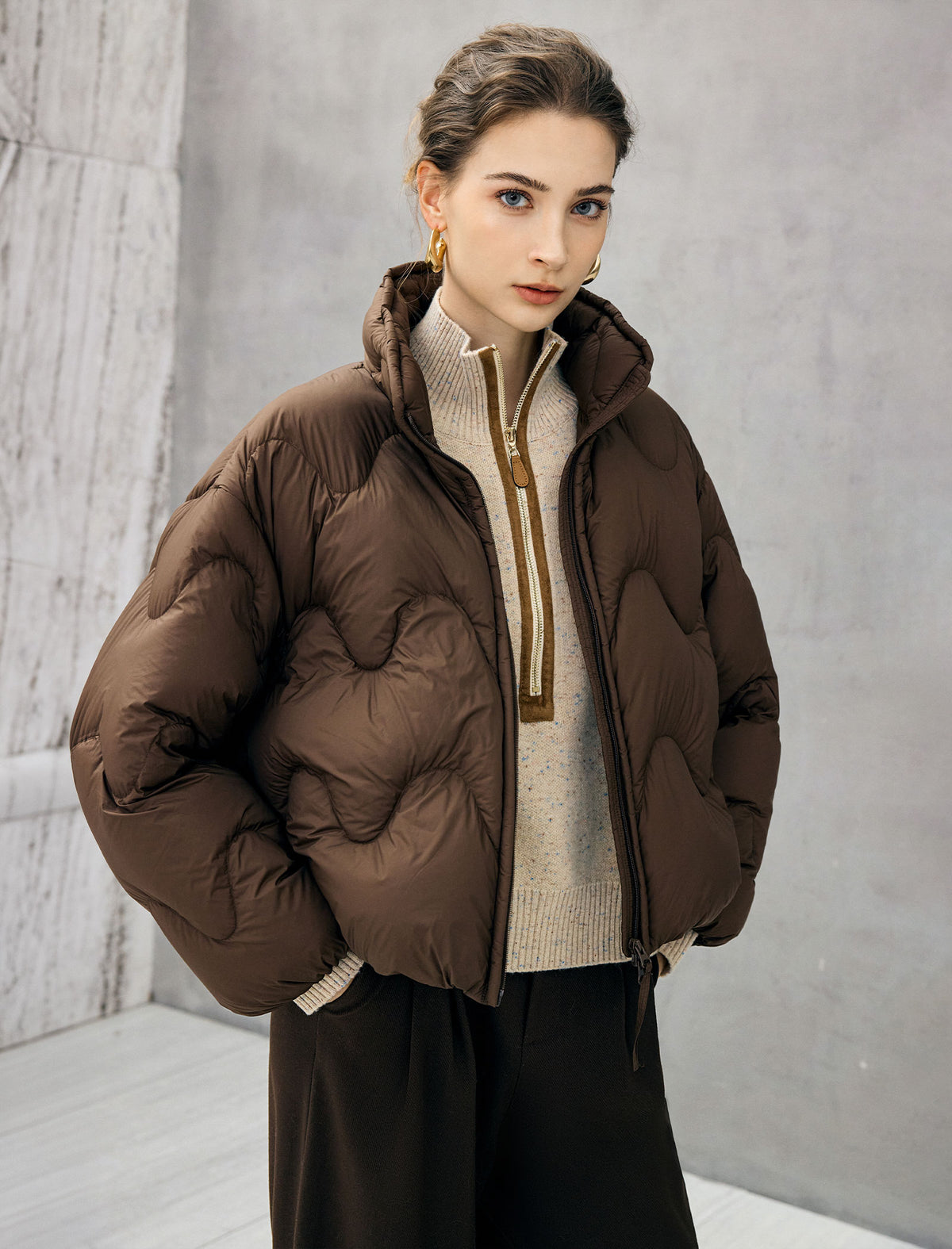 Wave-Quilted Stand-Collar Balloon-Sleeve Cropped Puffer Jacket