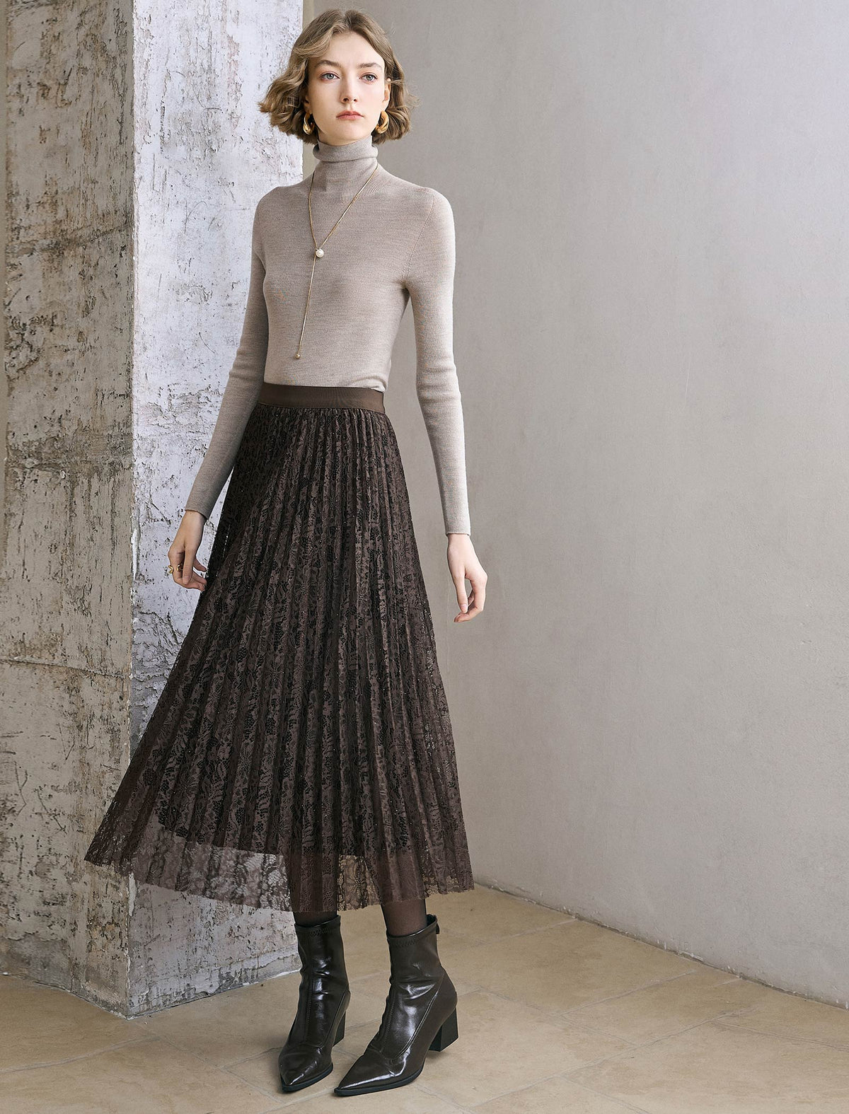 Lace Pleated Midi Skirt