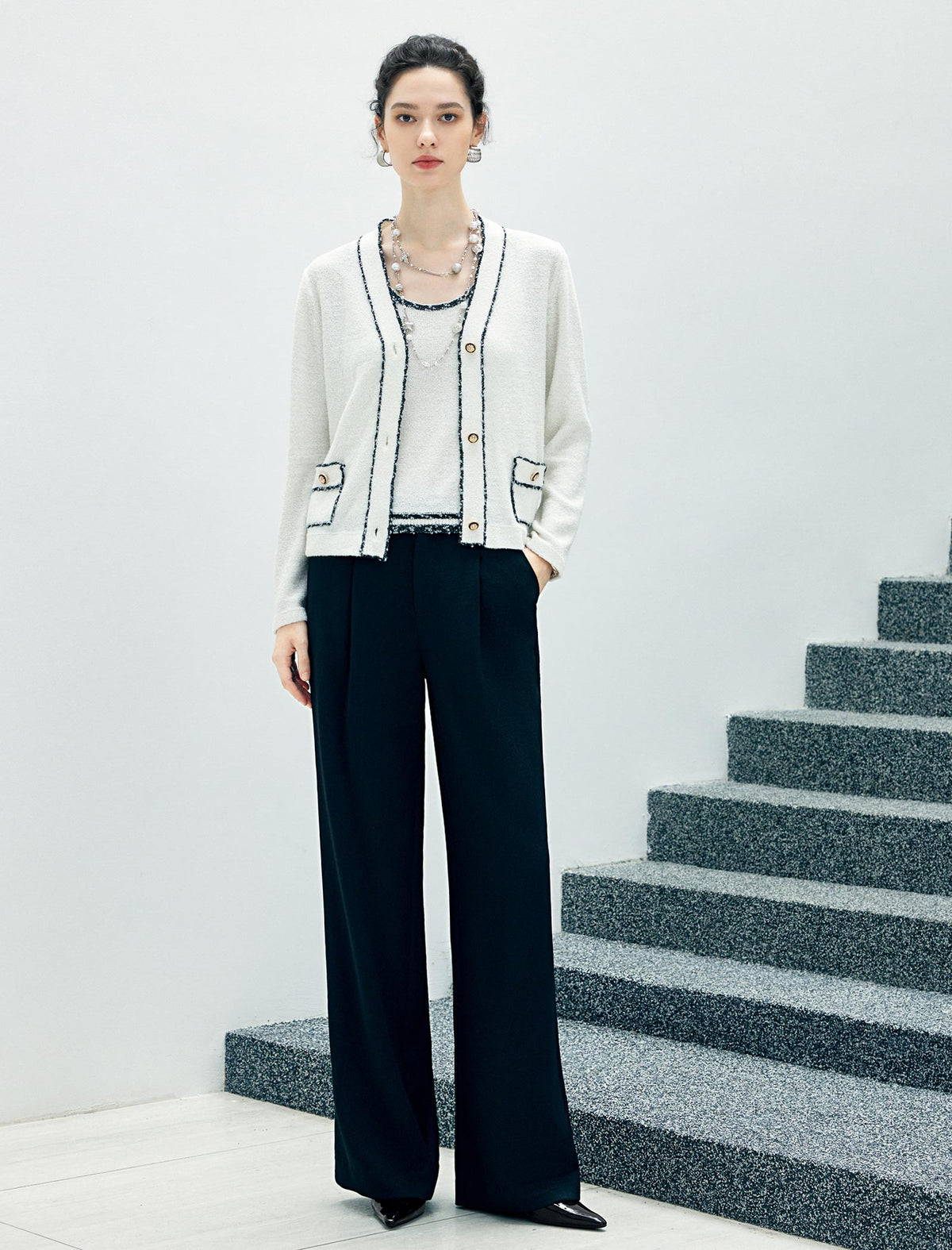 Contrast-Trim Button-Front Cardigan